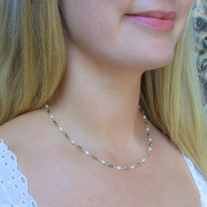 Gold Plated Pearl & Blue Iolite Stone Necklace