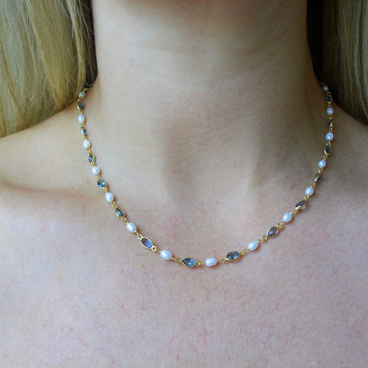 Gold Plated Pearl & Blue Iolite Stone Necklace