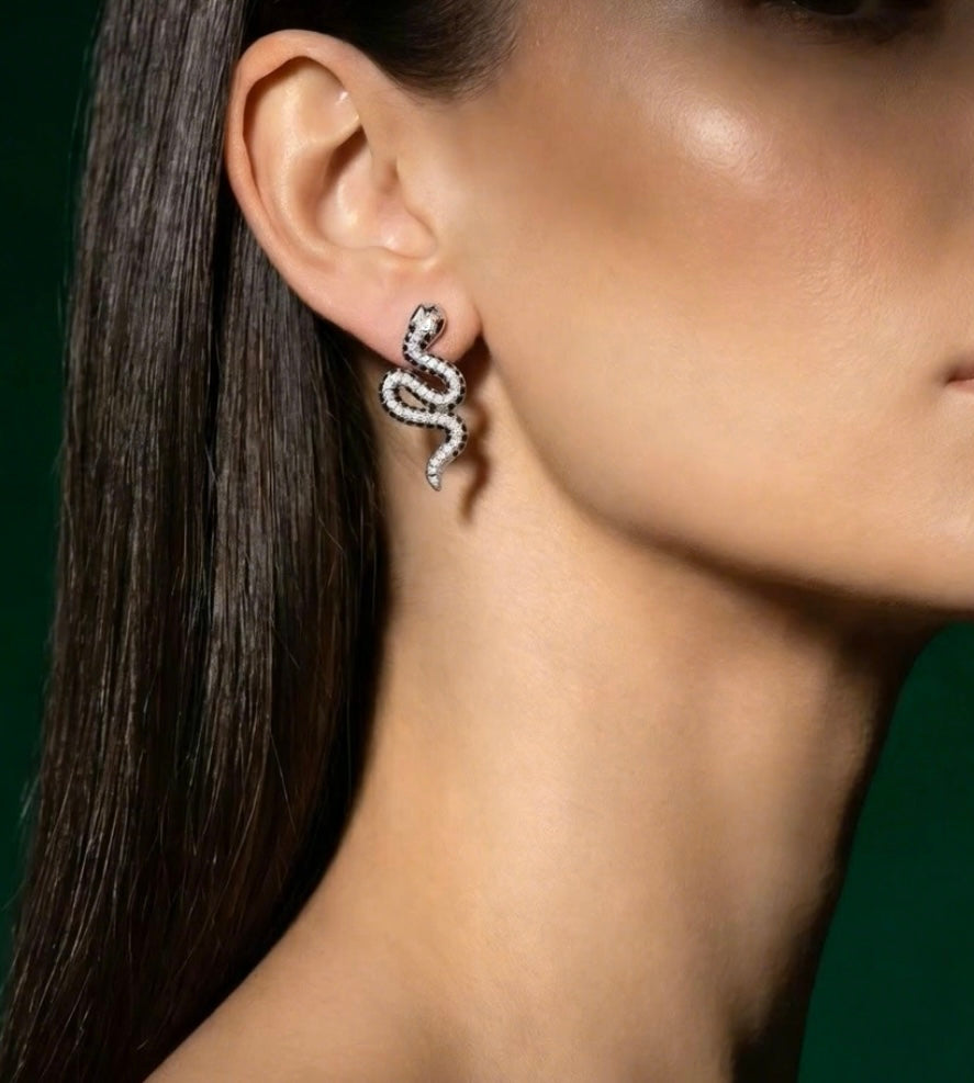Vasuki Black & White Sterling Silver Snake Earrings