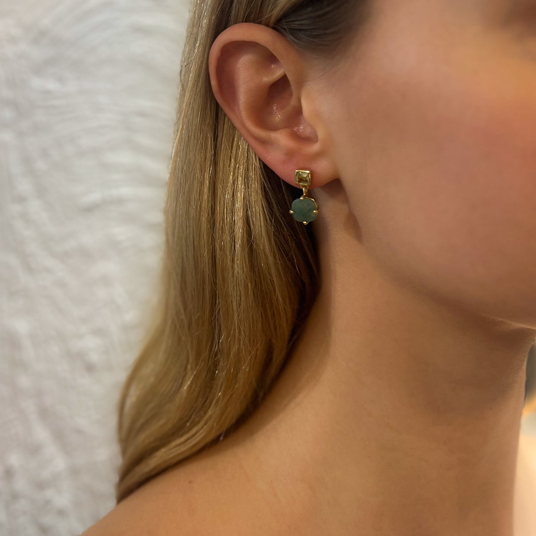 Petite Gemstone Drop Earrings - Peridot & Aventurine | Lemon + Smokey Quartz