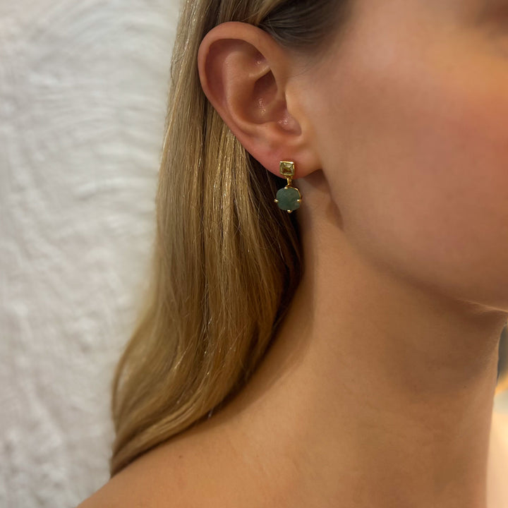 Petite Gemstone Drop Earrings - Peridot & Aventurine | Lemon + Smokey Quartz