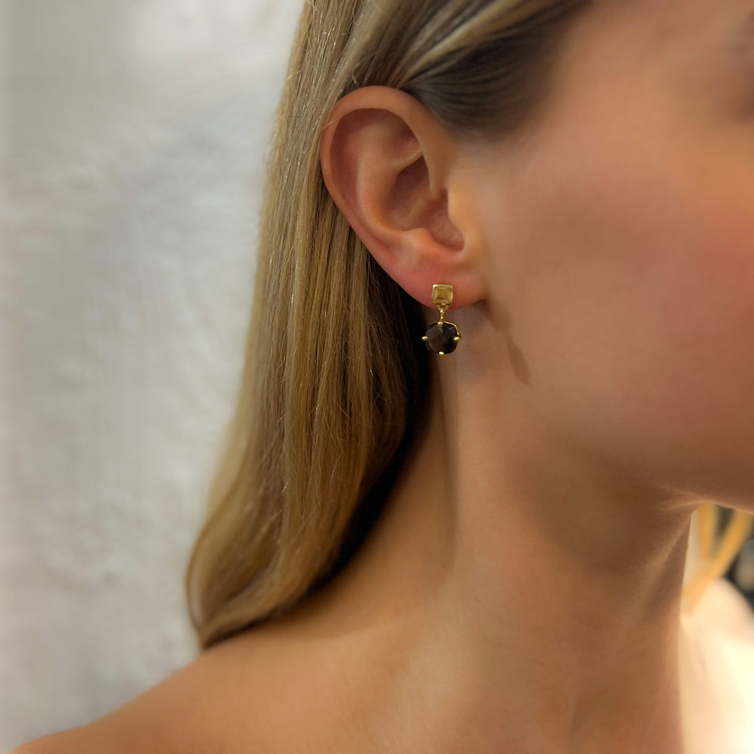 Petite Gemstone Drop Earrings - Peridot & Aventurine | Lemon + Smokey Quartz