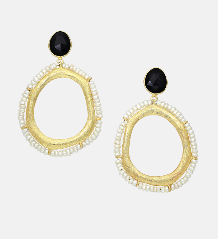 Black Onyx Fresh Water Pearl Drop Earrings