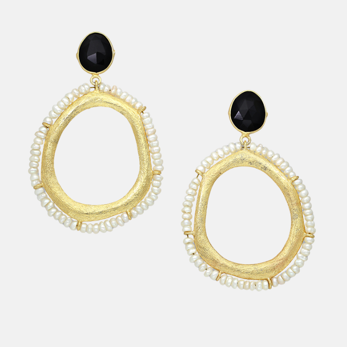 Black Onyx Fresh Water Pearl Drop Earrings