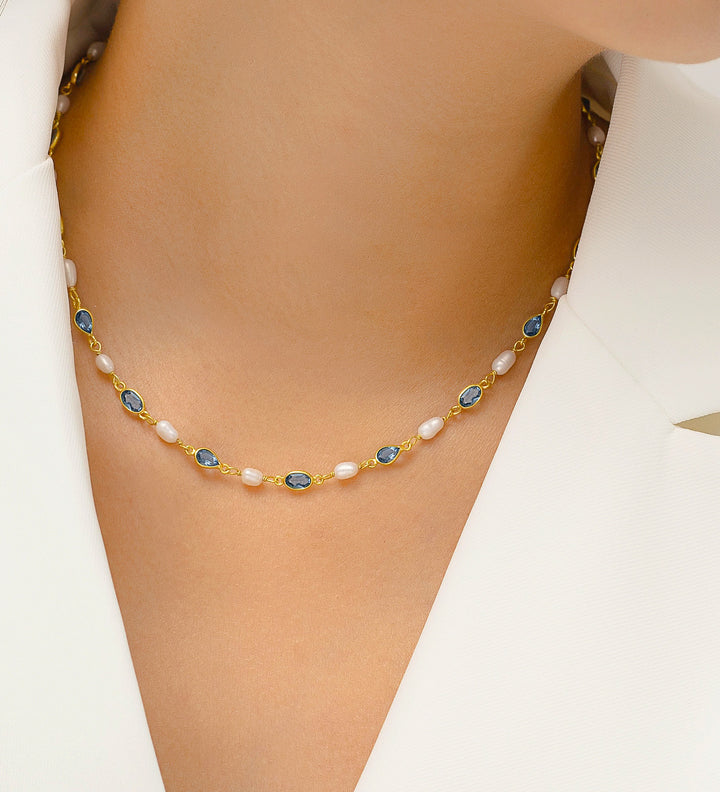 Gold Plated Pearl & Blue Iolite Stone Necklace