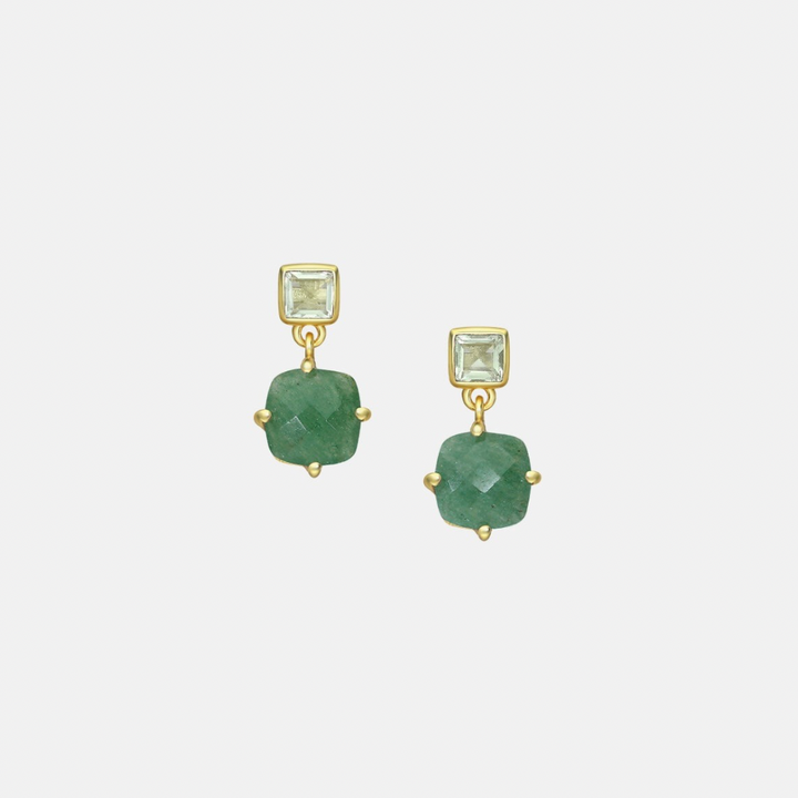 Petite Gemstone Drop Earrings - Peridot & Aventurine | Lemon + Smokey Quartz