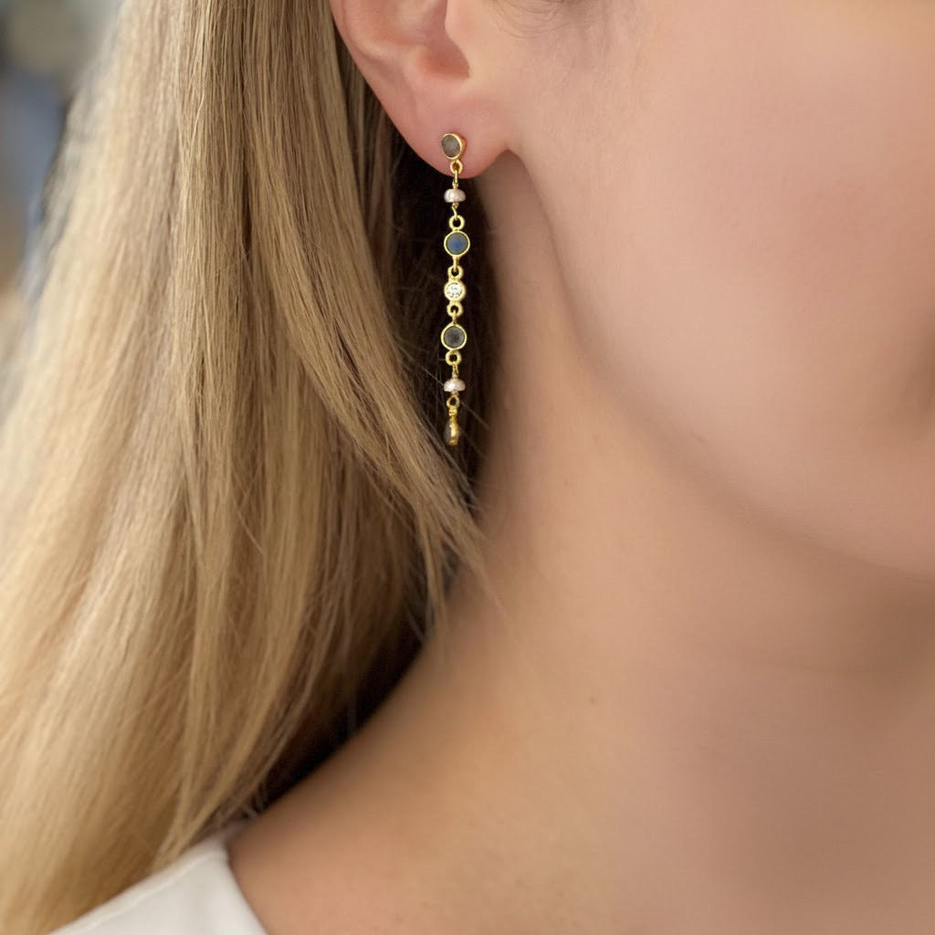 Labradorite Pearl Long Dangly 18ct Gold Plated Drop Earrings