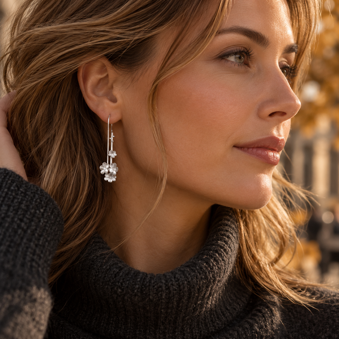 Flower Blossom Matt Sterling Silver Drop Earrings