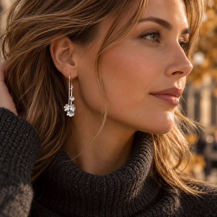 Flower Blossom Matt Sterling Silver Drop Earrings