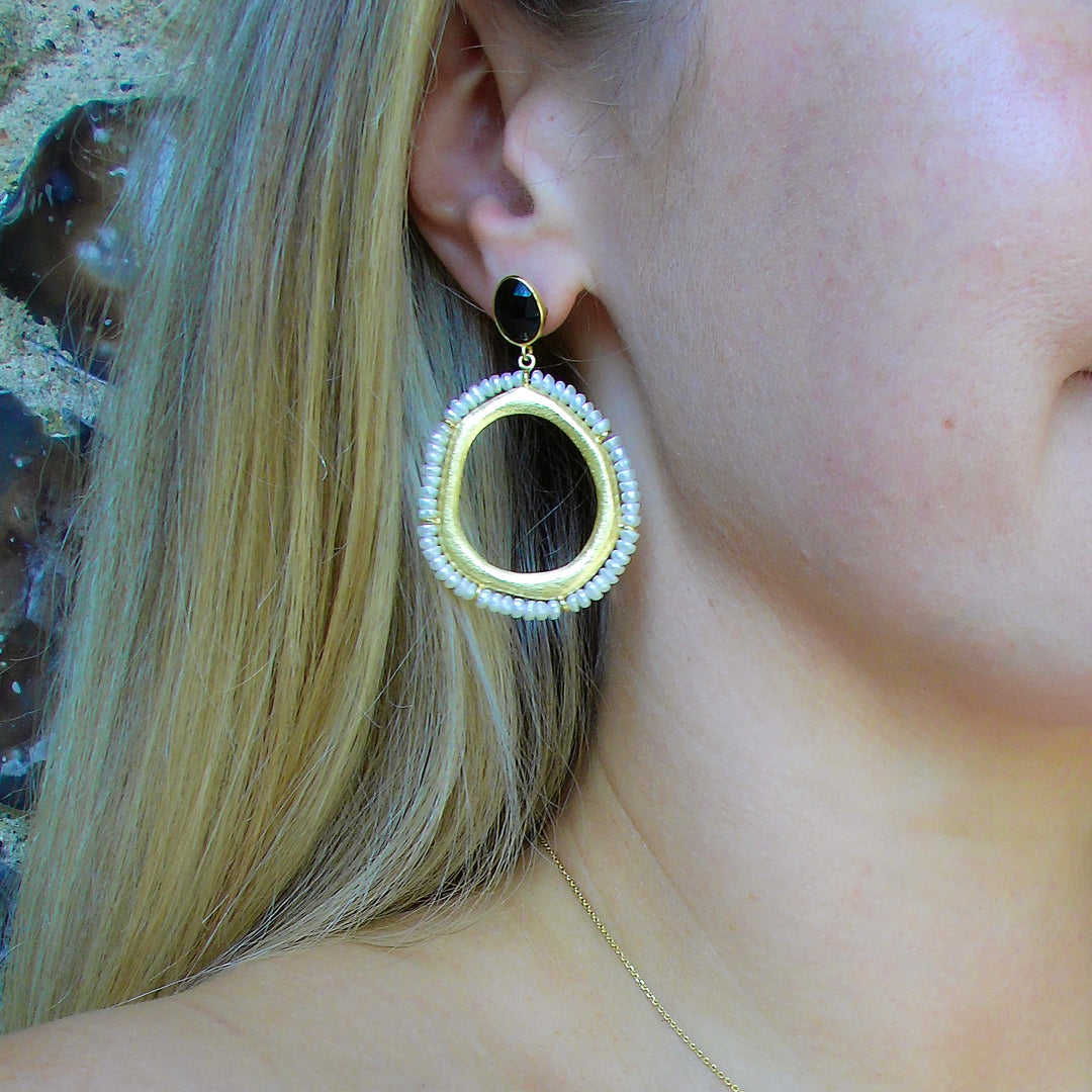 Black Onyx Fresh Water Pearl Drop Earrings