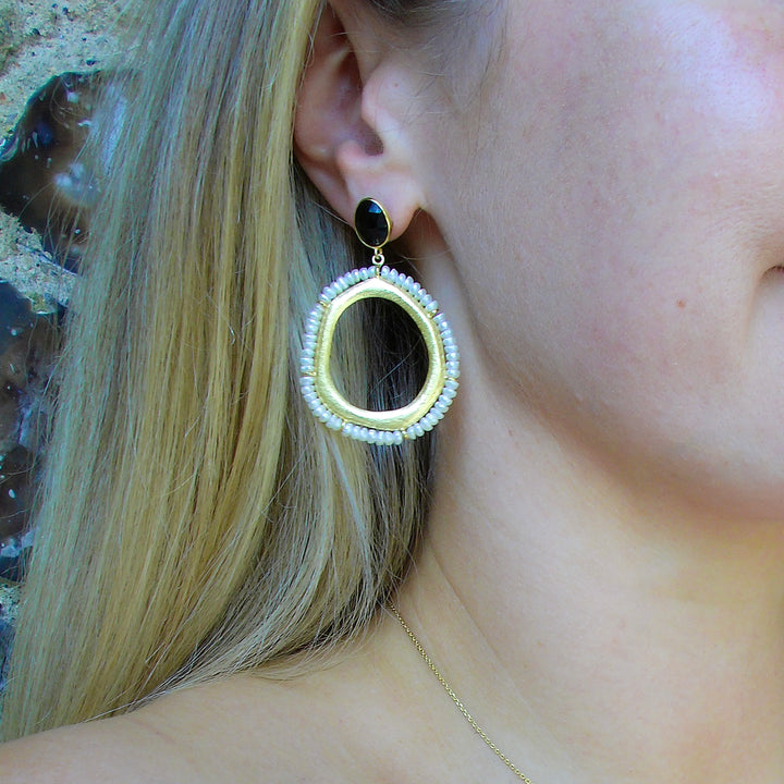 Black Onyx Fresh Water Pearl Drop Earrings