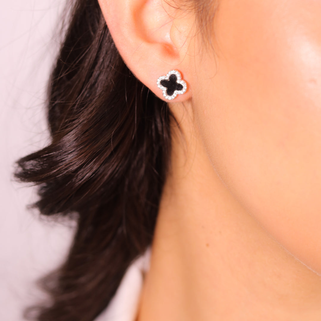 Zircon Onyx Clover Sterling Silver Stud Earrings