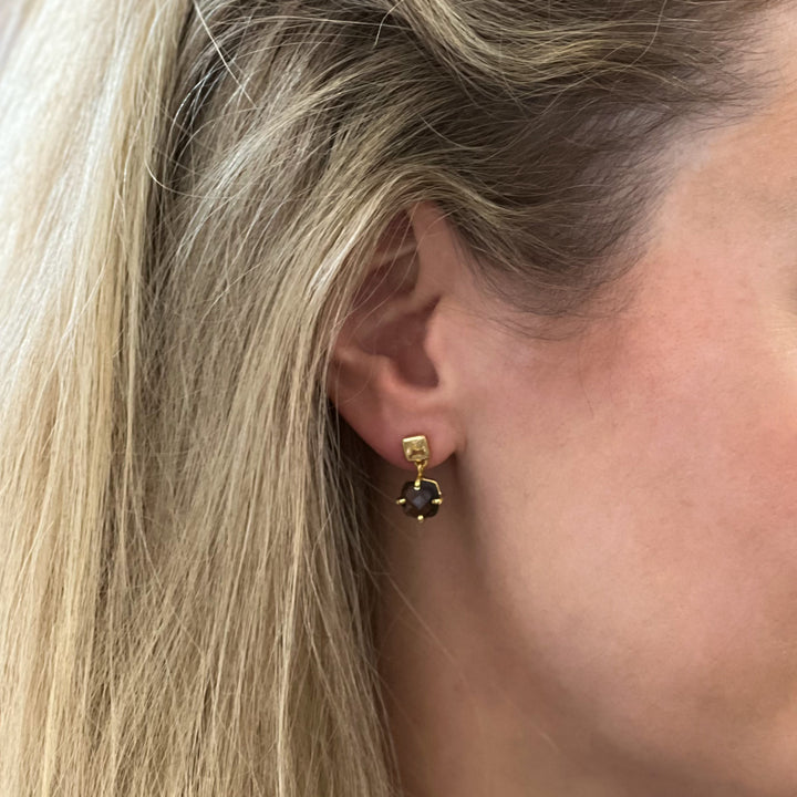 Petite Gemstone Drop Earrings - Peridot & Aventurine | Lemon + Smokey Quartz