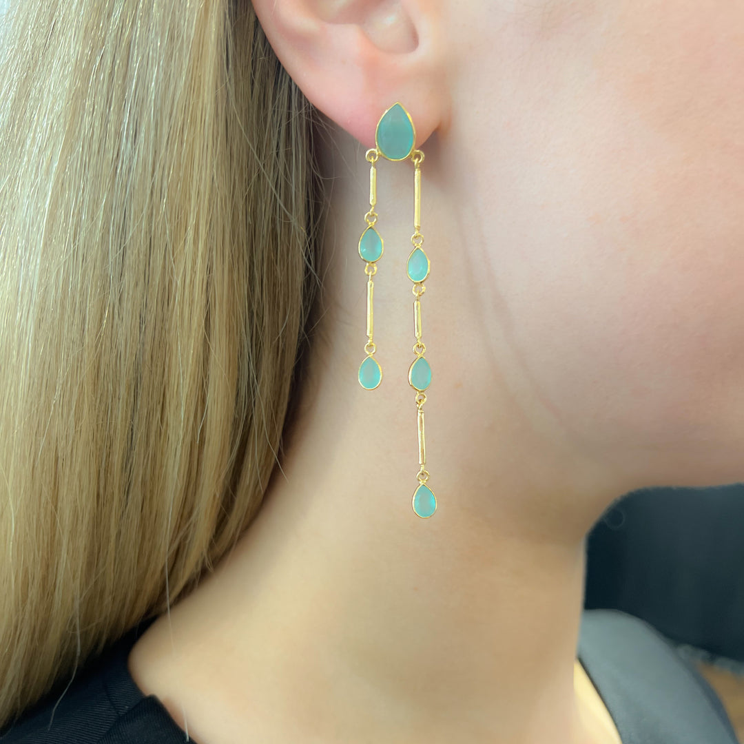 Tear Drop Gems Matt Gold Articulate Earrings - Moonstone | Chalcedony