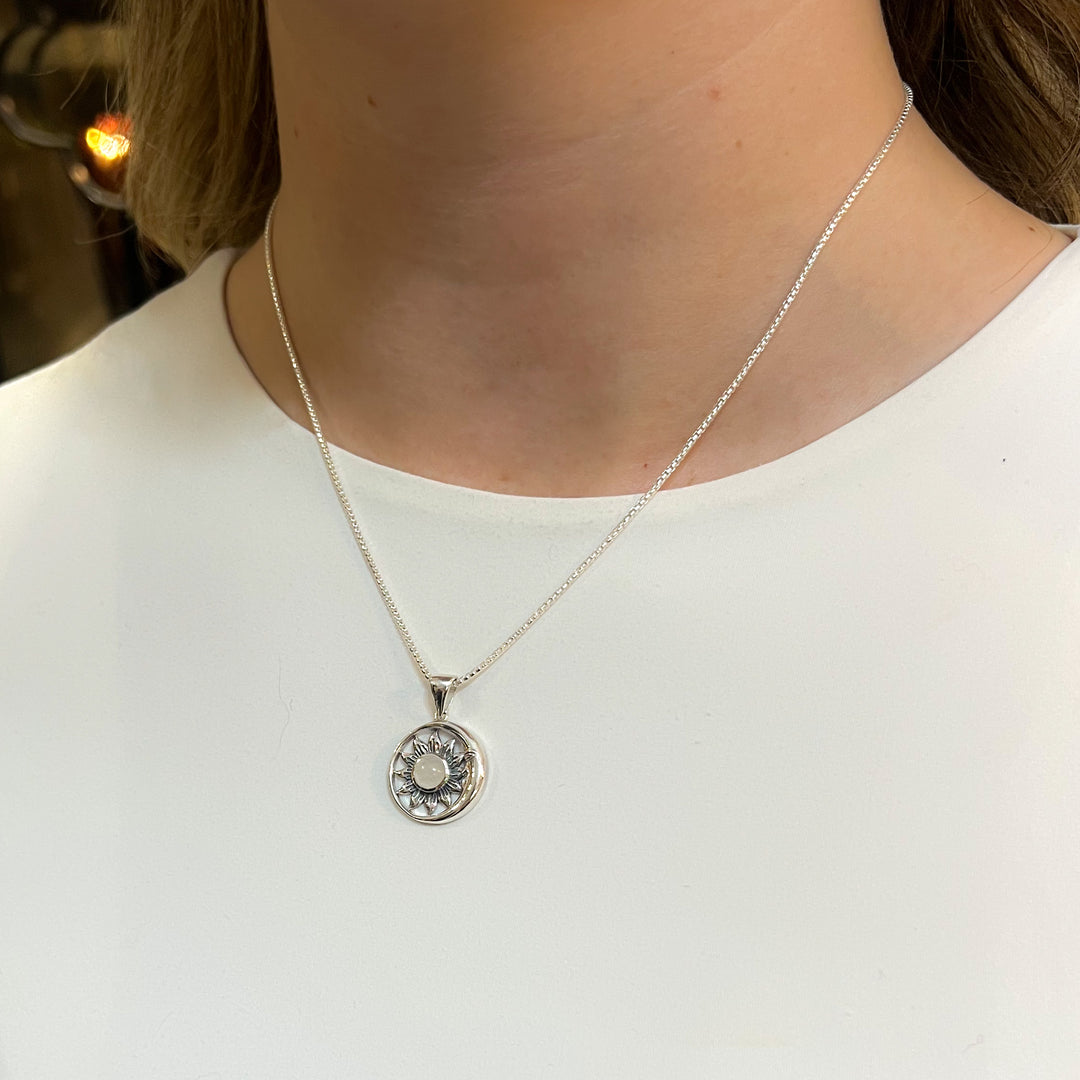 Moon & Sun Moonstone Pendant Sterling Silver Necklace
