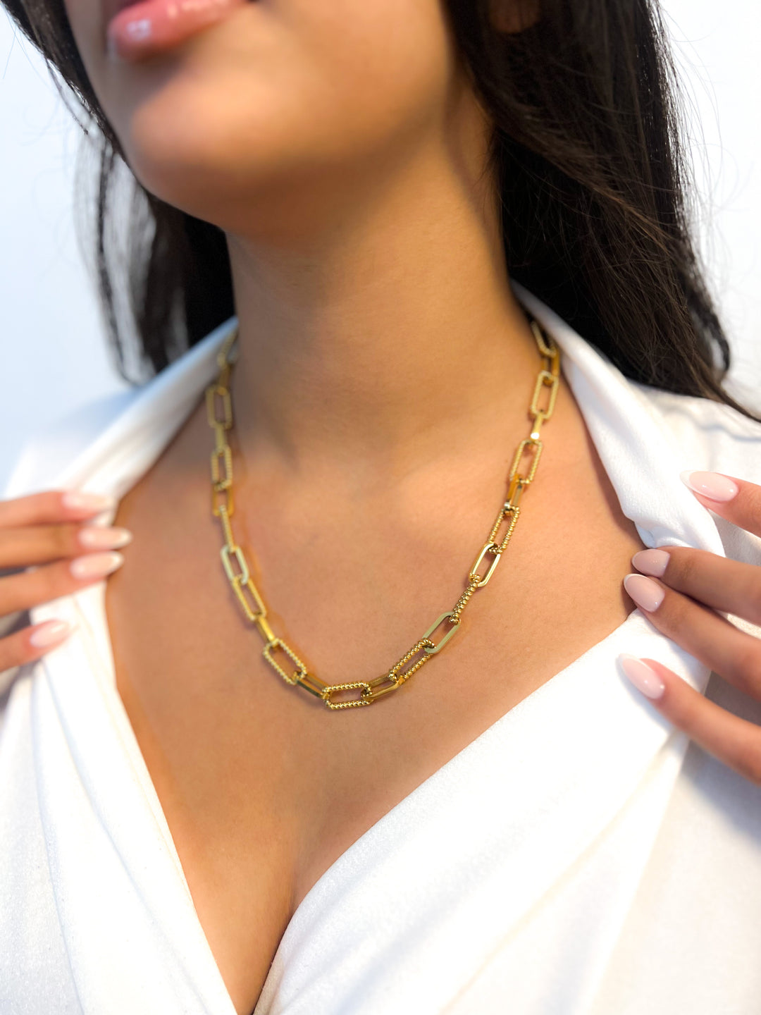 Duo Textured Chunky Paperclip Chain Gold Necklace