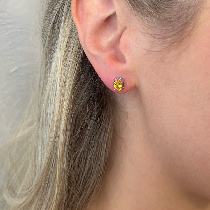 Oval Sterling Silver Zircon Studs - Lemon Yellow | Champagne Pink | Icy Blue | Mint Green