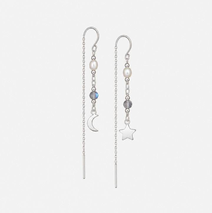 Moon & Star Gemstone Chain Earrings