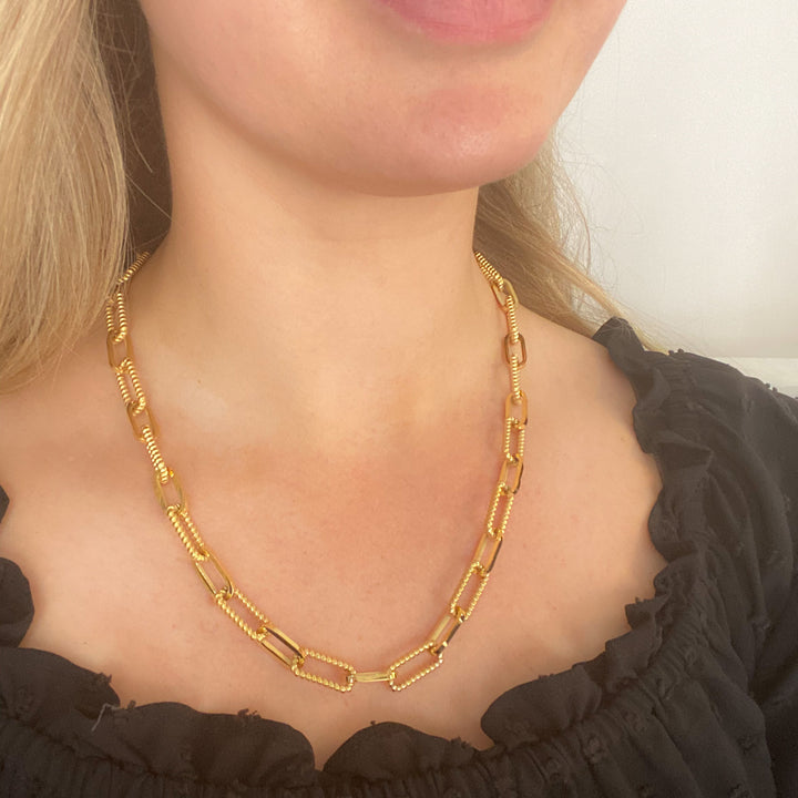 Duo Textured Chunky Paperclip Chain Gold Necklace
