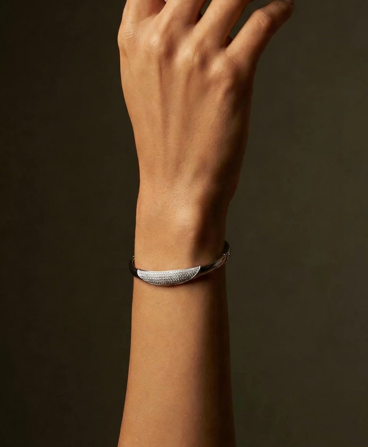 Pavé White Stone Polished Cuff Bracelet - Steel | Gold Steel