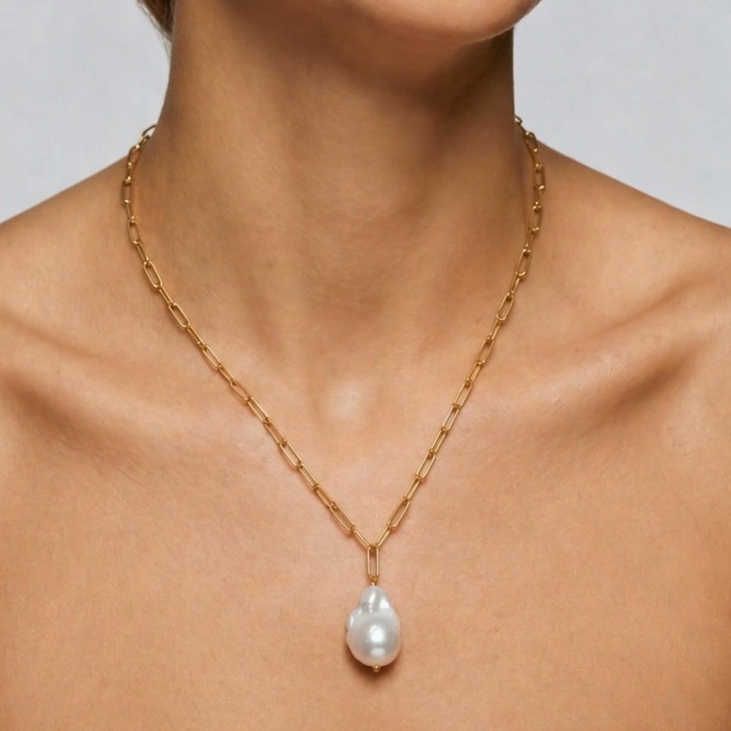 Baroque Pearl Gold Square Link Chain Necklace