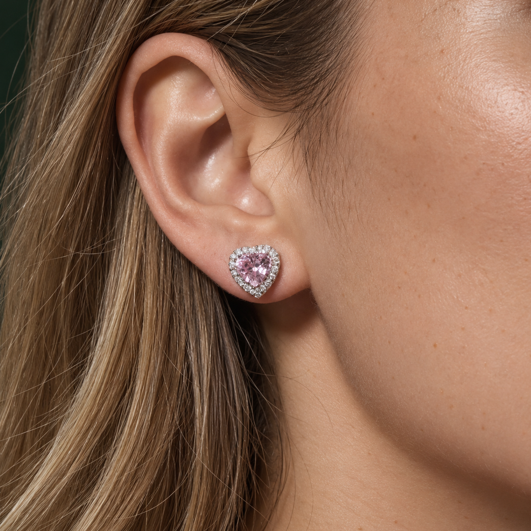 Pink Sterling Silver Heart Studs
