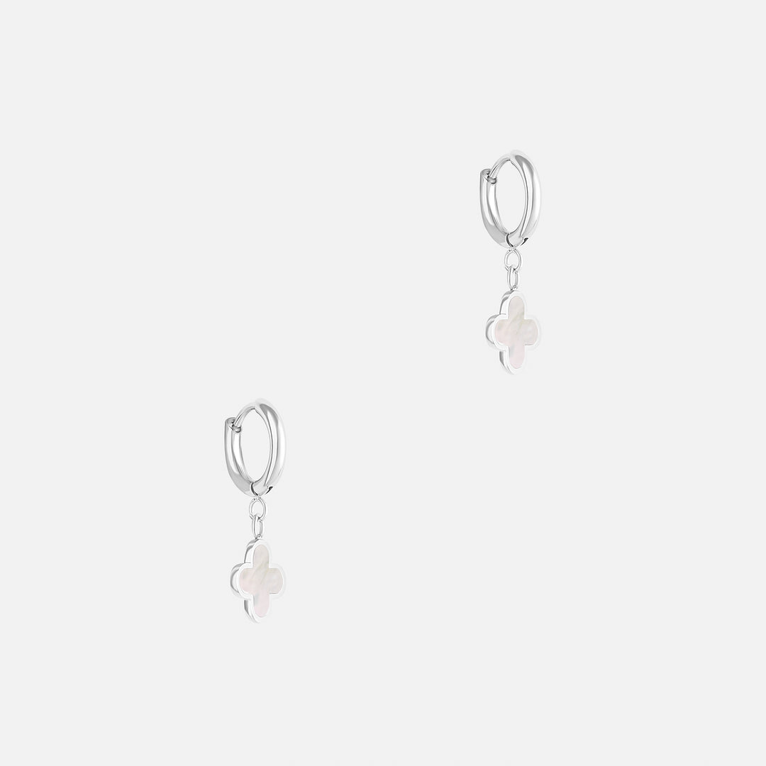 Lani Mother of Pearl Clover Charm Huggie Hoop Earrings - Steel | Gold Steel