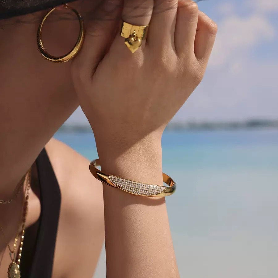 Pavé White Stone Polished Cuff Bracelet - Steel | Gold Steel