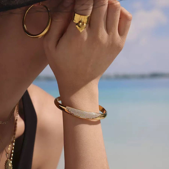 Pavé White Stone Polished Cuff Bracelet - Steel | Gold Steel