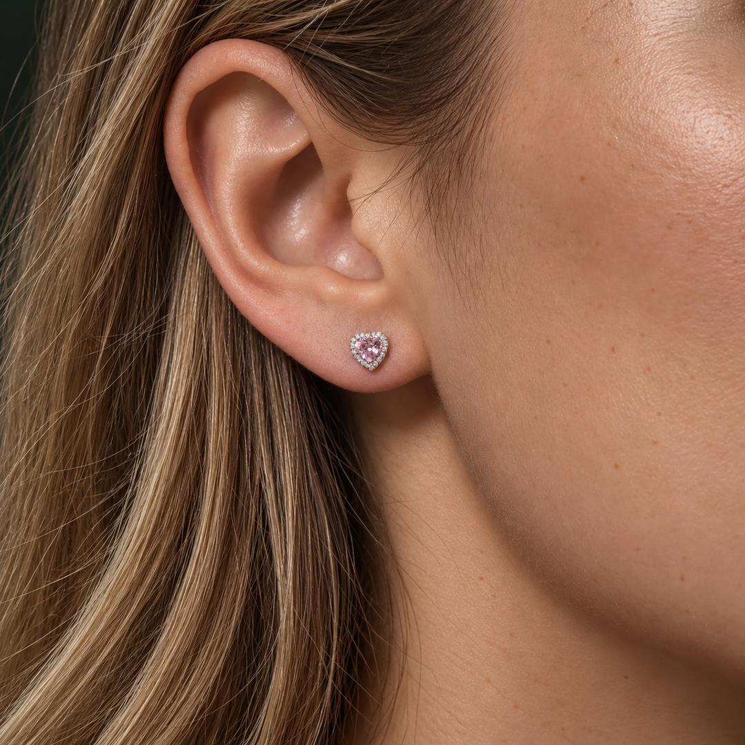Pink Sterling Silver Heart Studs
