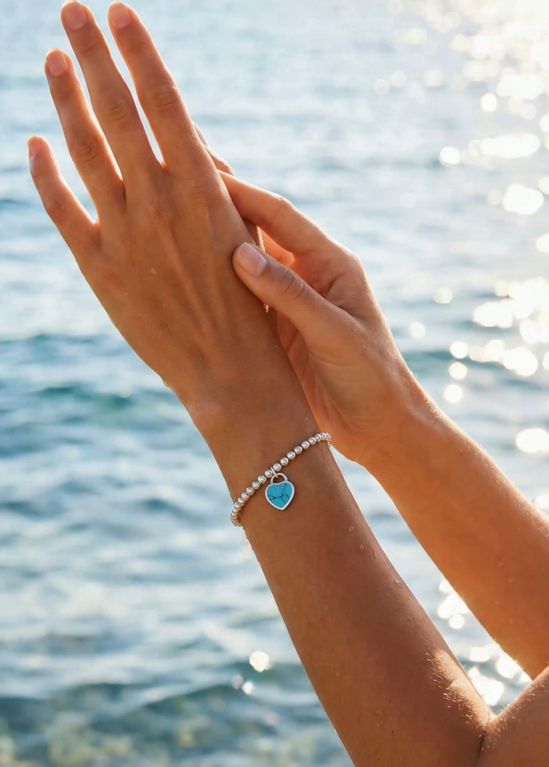 Turquoise Heart Charm Sterling Silver Ball Bracelet