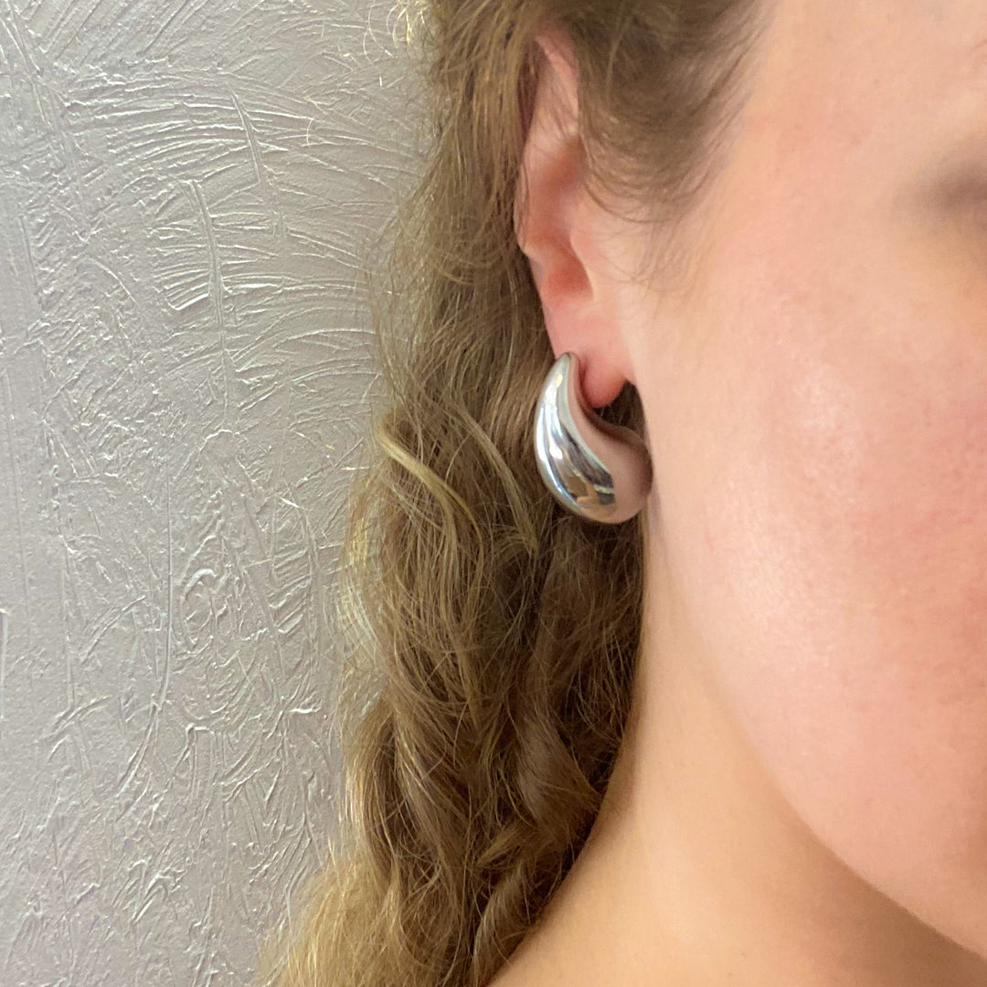 Liquified Silver Curved Tear Drop Earrings