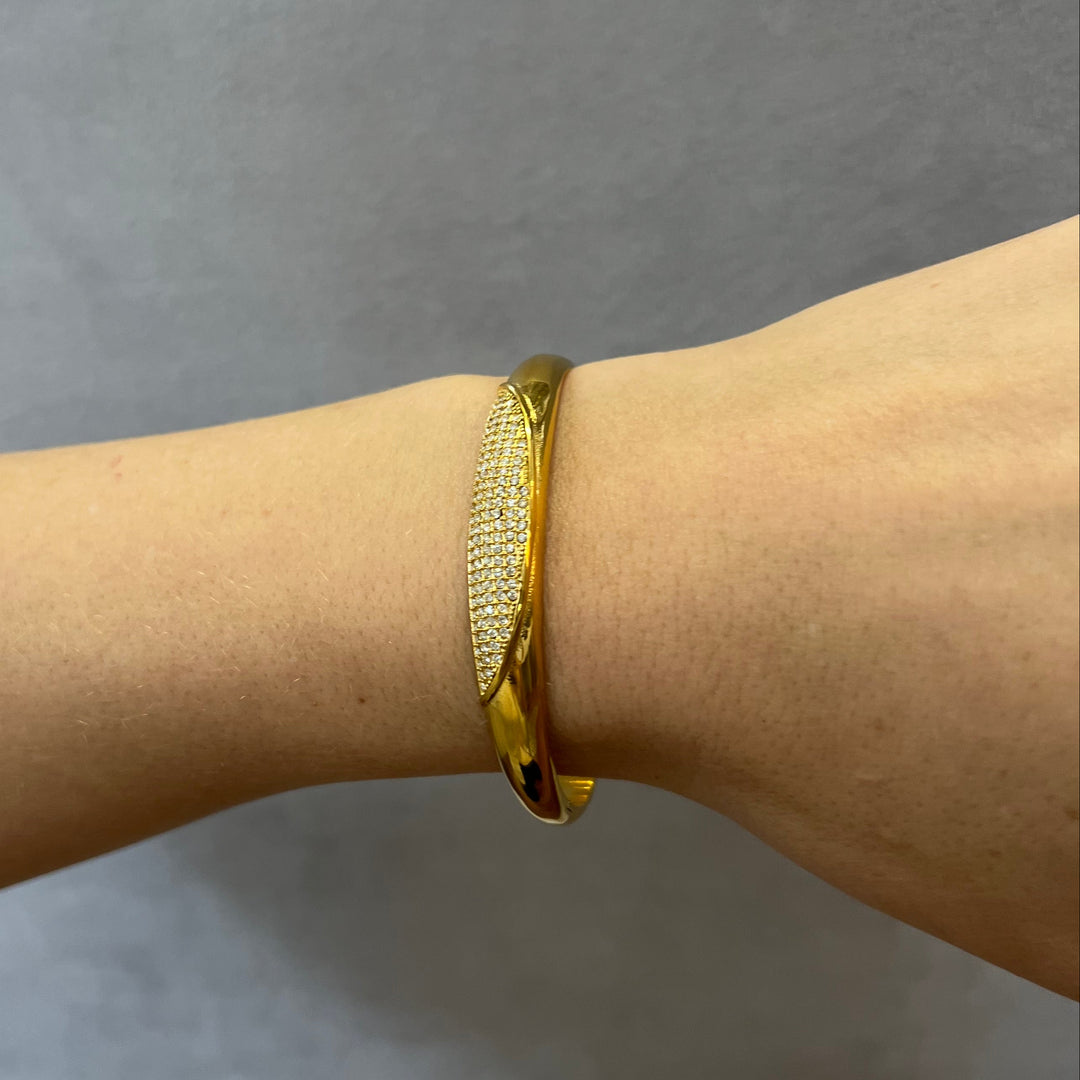 Pavé White Stone Polished Cuff Bracelet - Steel | Gold Steel