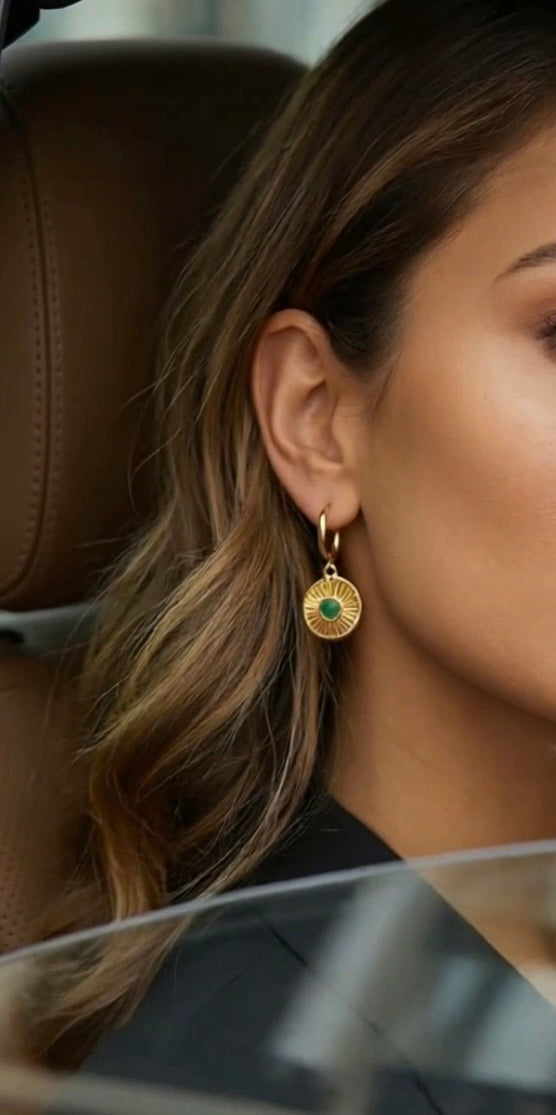 Amal Green Stone Charms Gold Huggie Hoop Earrings