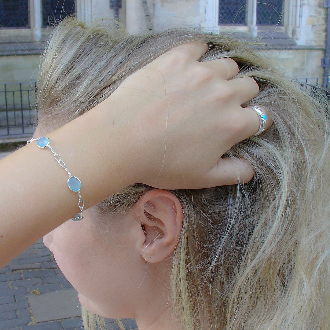 Cabochon Gemstones & Sterling Silver Link Bracelets - Labradorite | Aqua Chalcedony | Moonstone