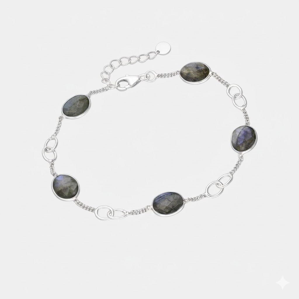 Cabochon Gemstones & Sterling Silver Link Bracelets - Labradorite | Aqua Chalcedony | Moonstone