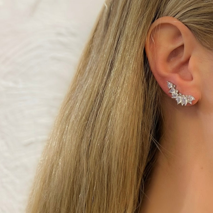 Moonstone Silver Petal Ear Climber Earrings