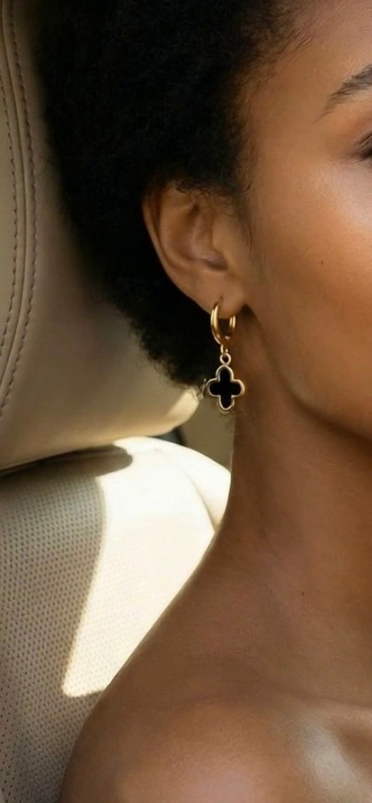 Lani Black Clover Charm Hoops - Steel | Gold Steel