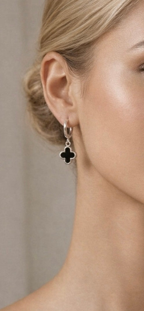 Lani Black Clover Charm Hoops - Steel | Gold Steel