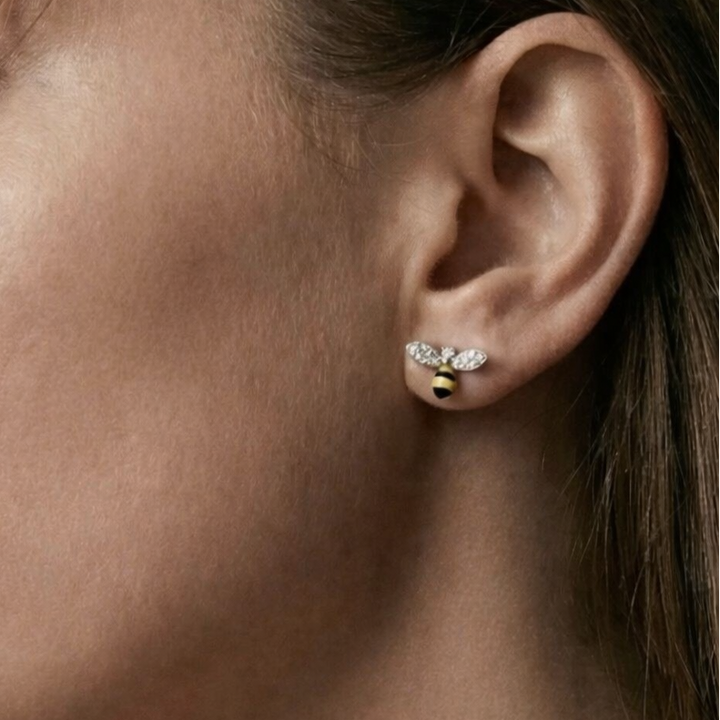 Asymmetrical Bee & Daisy Sterling Silver Stud Earrings