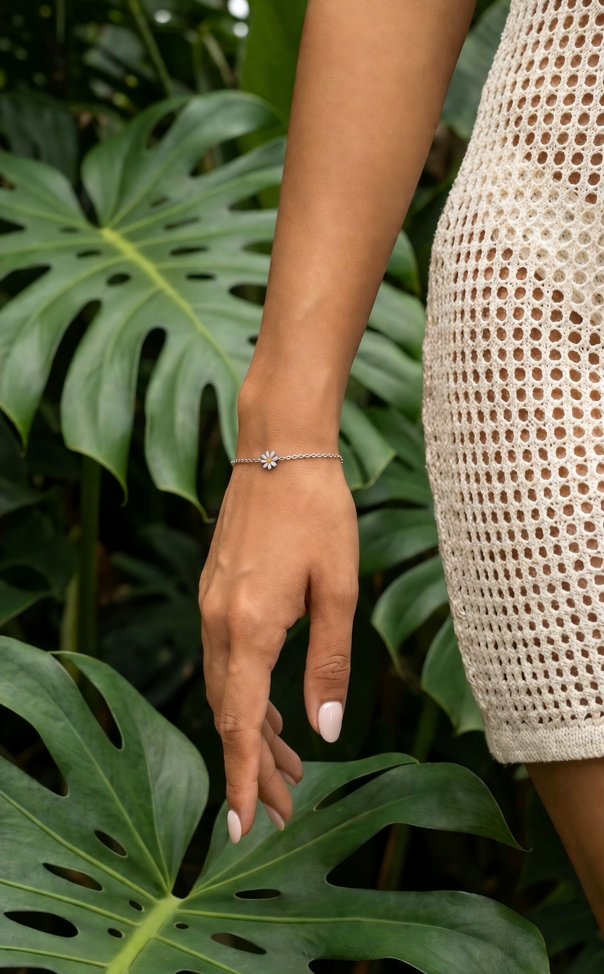 Enamel Daisy Sterling Silver Bracelet