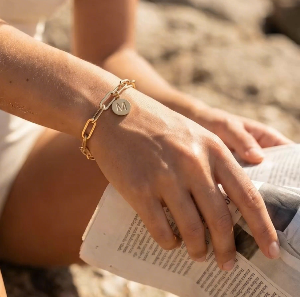 Initial Charm Square Link Bracelets - Silver | Gold