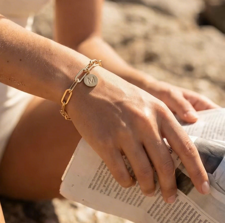 Initial Charm Square Link Bracelets - Silver | Gold