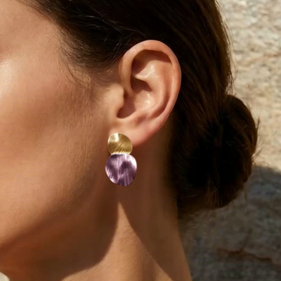 Duo Long Stud Earrings - Green | Purple