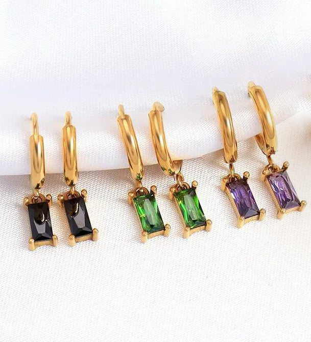 Baguette Stone Charm Huggie Hoops - Black | Green | Purple