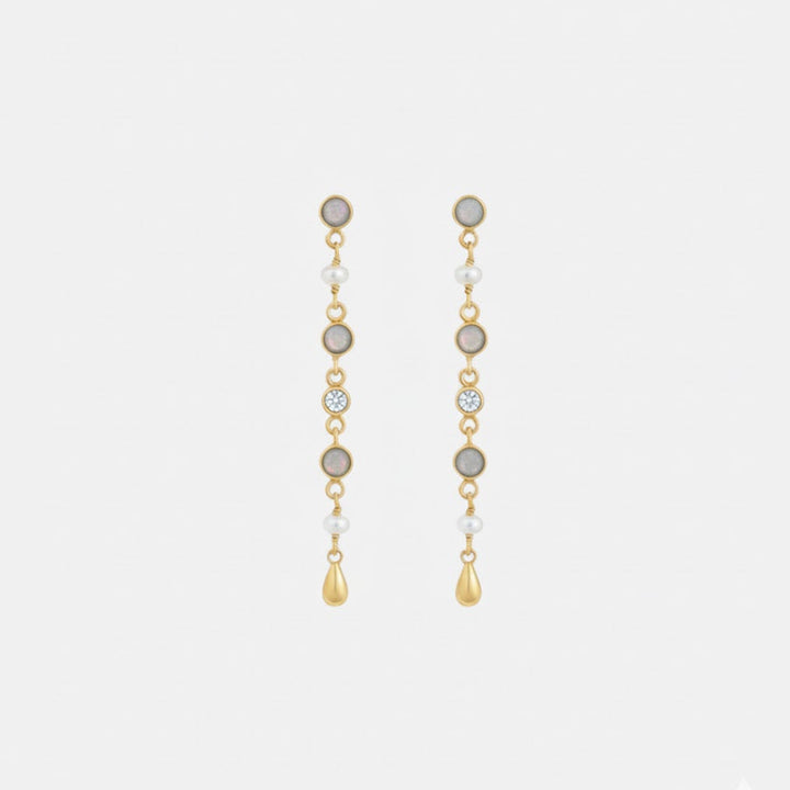 Labradorite Pearl Long Dangly 18ct Gold Plated Drop Earrings