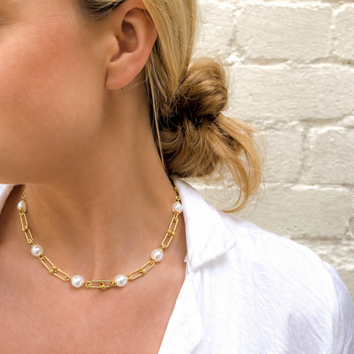 Coco Pearl Gold Square Link Necklace