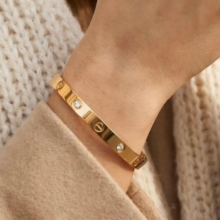 Gold Steel Screws & Stone Bangle Bracelet