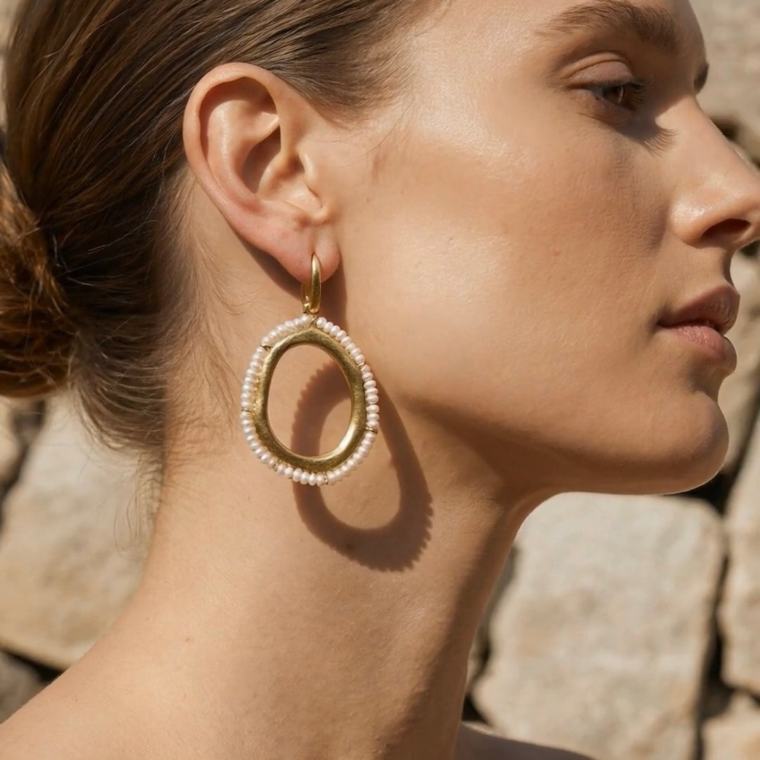 Textured Gold Fresh Water Pearl Drop Earrings