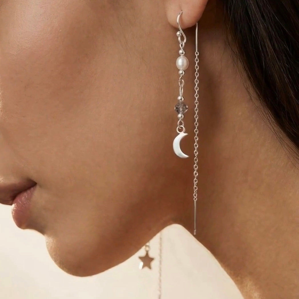 Moon & Star Gemstone Chain Earrings